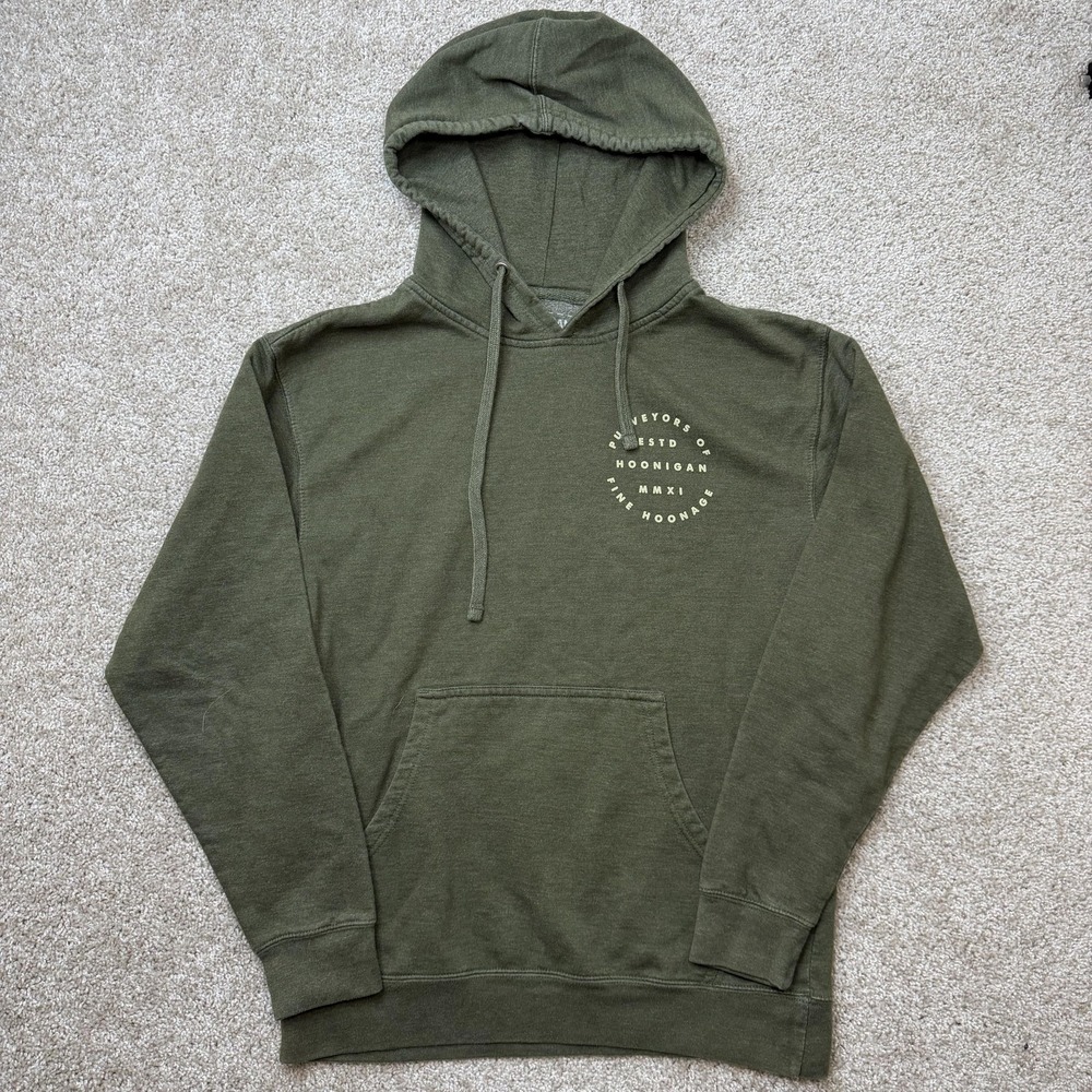 Hoonigan Hoodie Mens Medium Green Fleece Pullover Circle Graphic Logo Sweatshirt